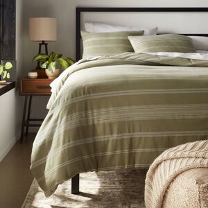 Full/Queen Cotton Woven Stripe Duvet Cover Sham Set Moss Green/White Threshold